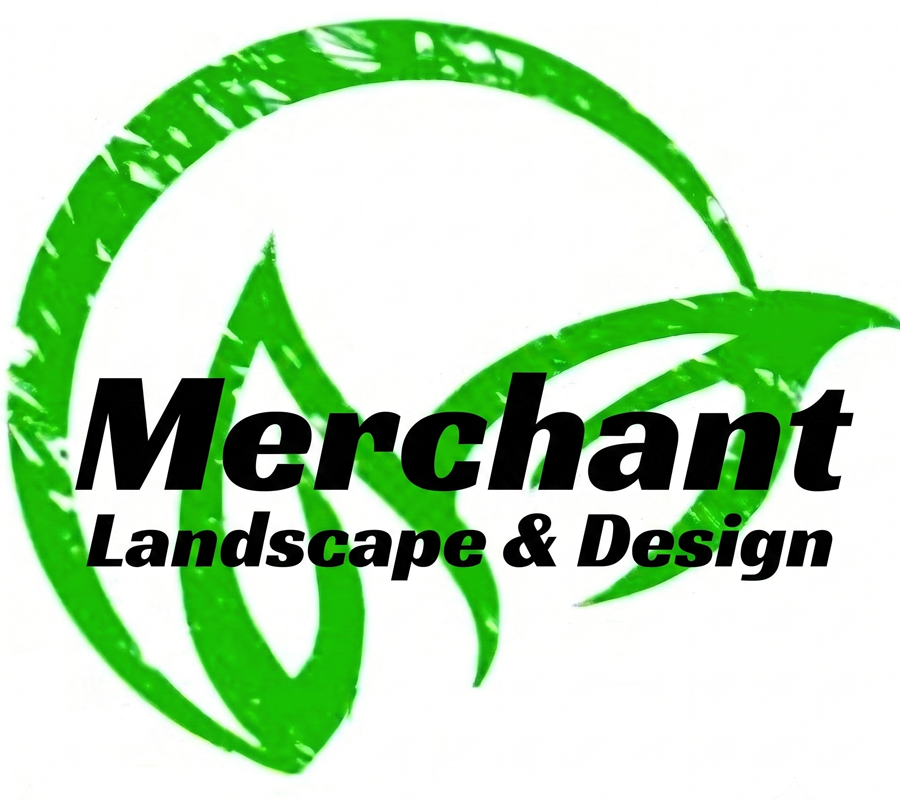 Green leaf and circular design with bold black text reading Merchant Landscape & Design across the center.