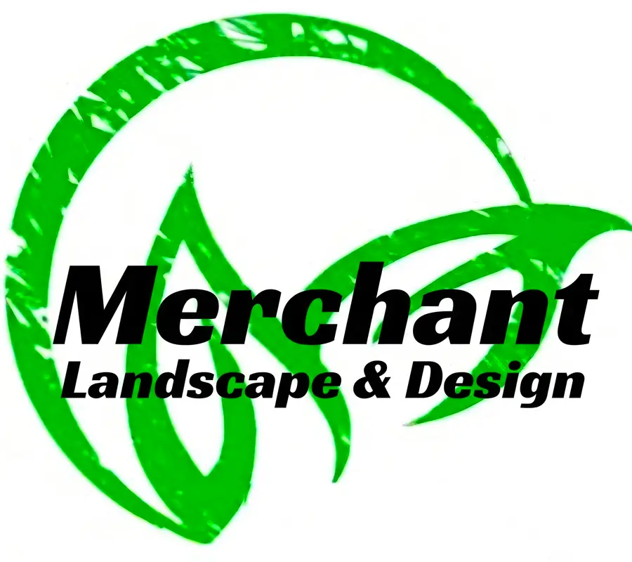 Green leaf and circular design with bold black text reading Merchant Landscape & Design across the center.